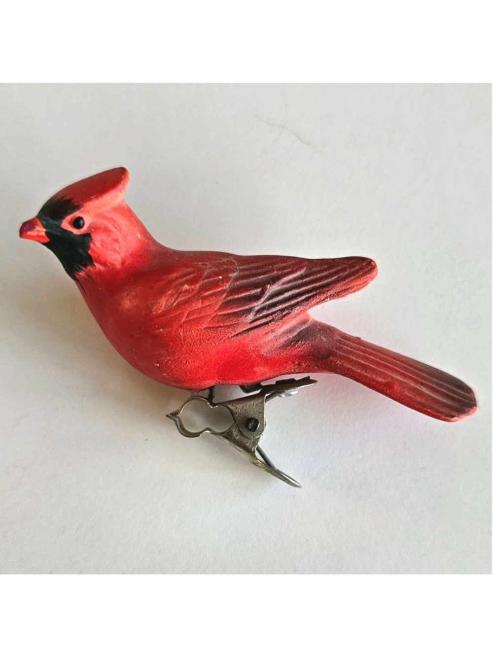 Vintage 1950s Porcelain Red Cardinal Bird Clip-On Ornament - 3" MCM Japan